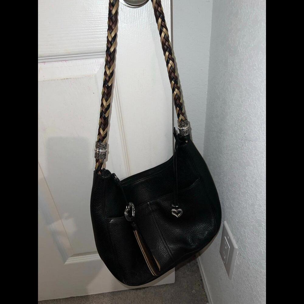 BRIGHTON BARBADOS Black Pebbled Leather Zip Shoulder Handbag Hobo Purse D422914